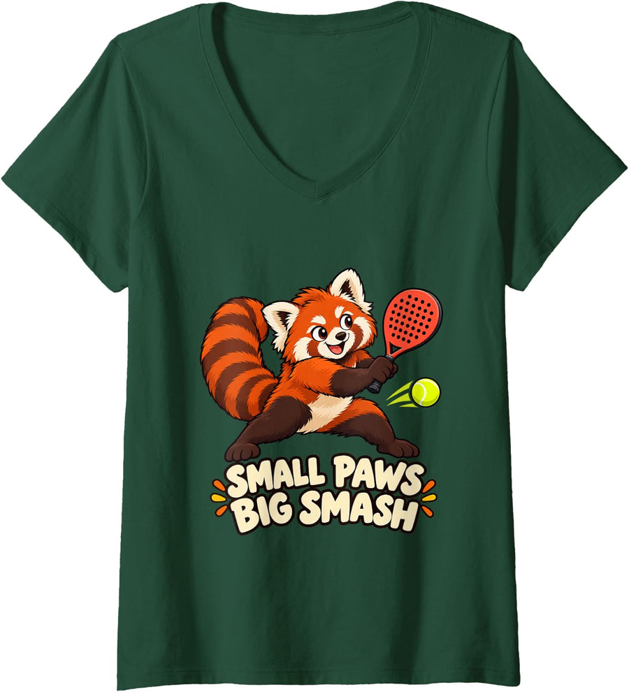 Women's Red Panda Padel Tennis Cartoon Animal V-Neck T-Shirt - Dark Green