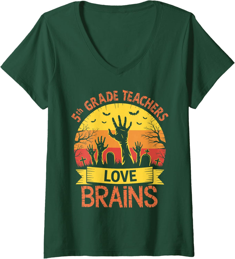 Women's Funny Teachers Shirts Women 5th Grade Teachers Love Brains V-Neck T-Shirt - Dark Green