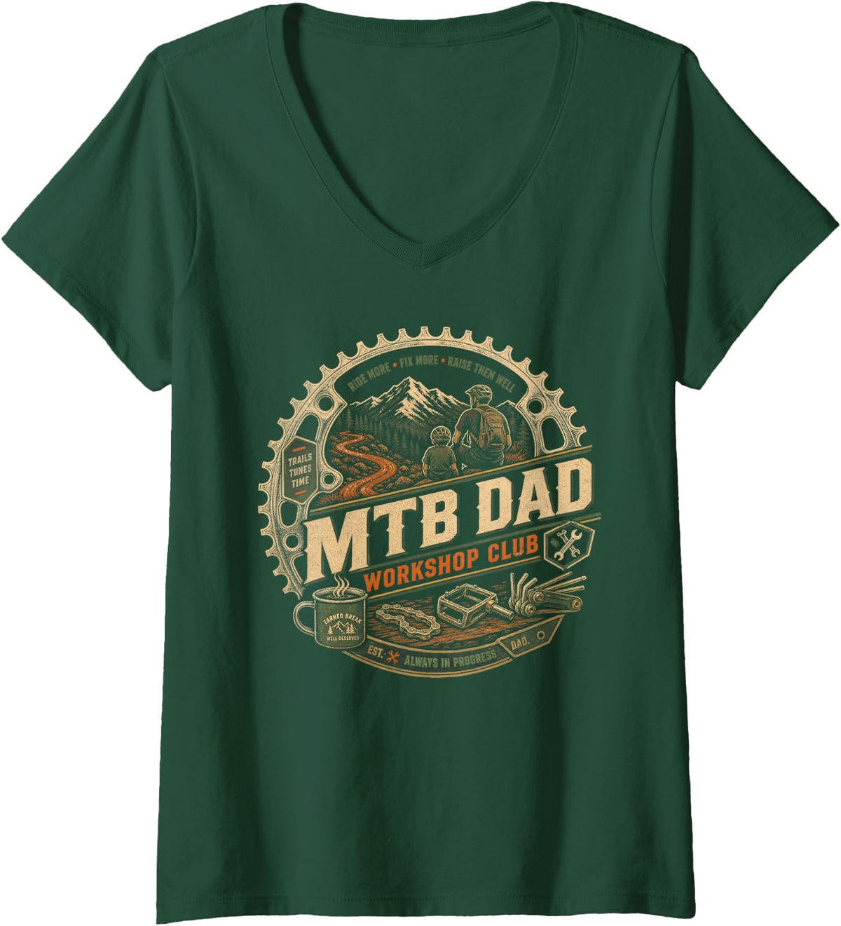 Women's MTB Dad Workshop Club Mountain Bike V-Neck T-Shirt - Dark Green