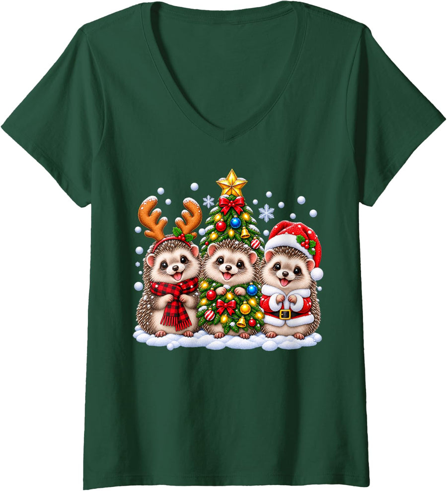Women's Hedgehog Merry Christmas Santa Hat Holidays Xmas V-Neck T-Shirt - Dark Green