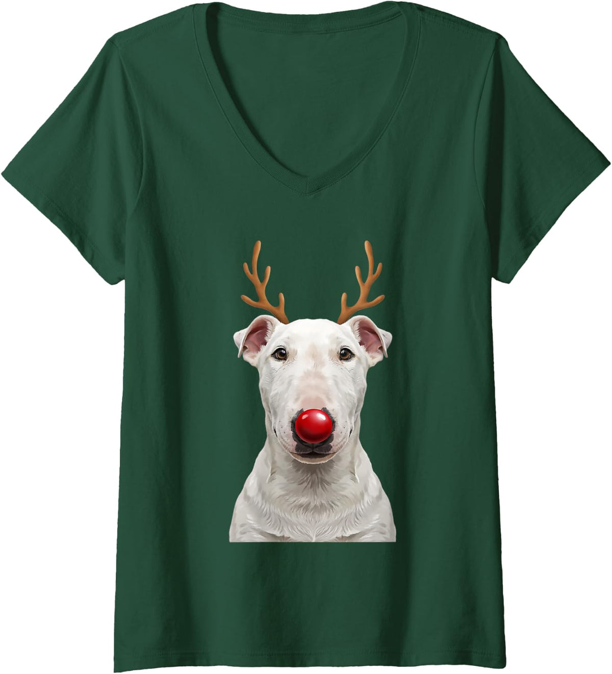 Women's Bull Terrier Christmas Reindeer Antlers Puppy Mom and Dad V-Neck T-Shirt - Dark Green