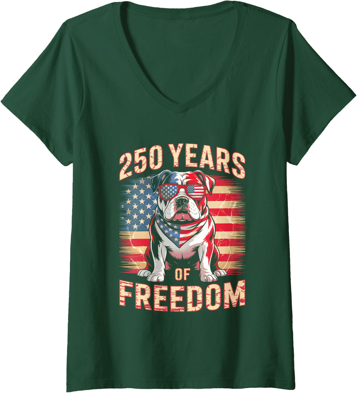 Womens 250 Years Of Freedom US Flag Bulldog V-Neck T-Shirt - Dark Green
