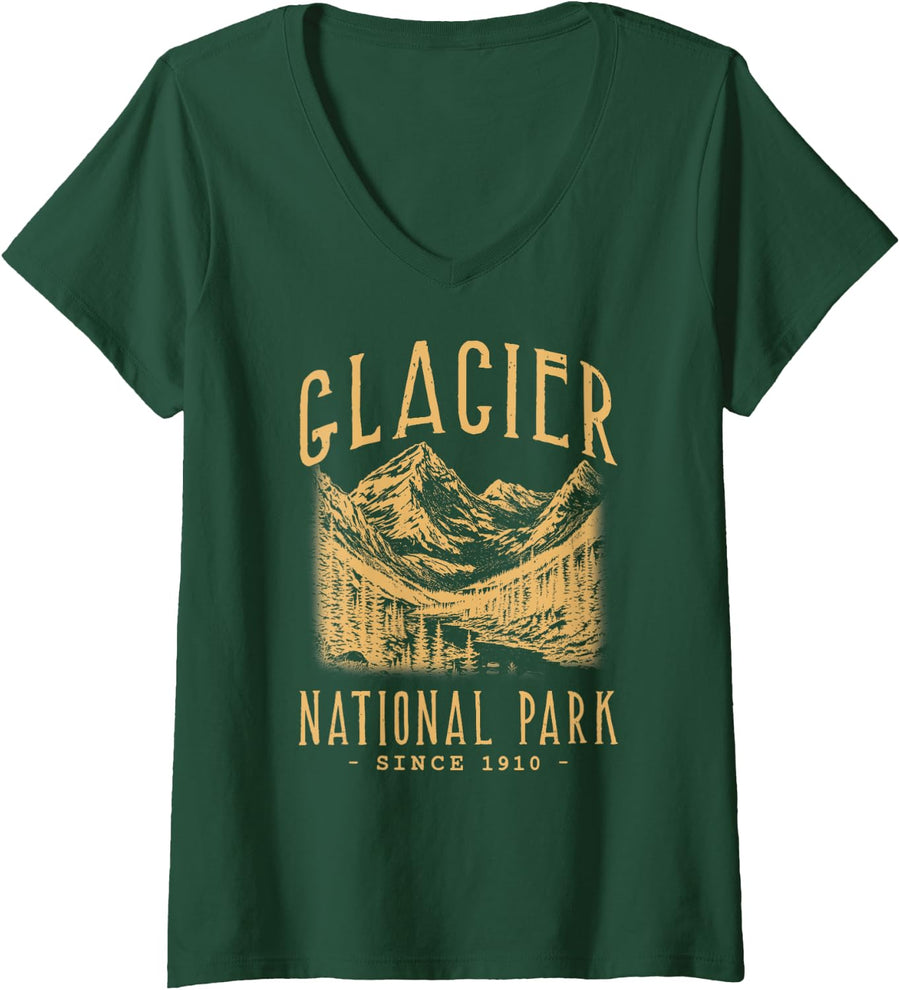 Womens GLACIER NATIONAL PARK, MONTANA. CAMPING, HIKER, VINTAGE V-Neck T-Shirt - Dark Green