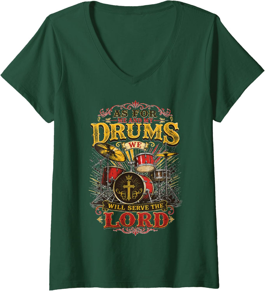 Women's Drum Set Illustration Jesus V-Neck T-Shirt - Dark Green