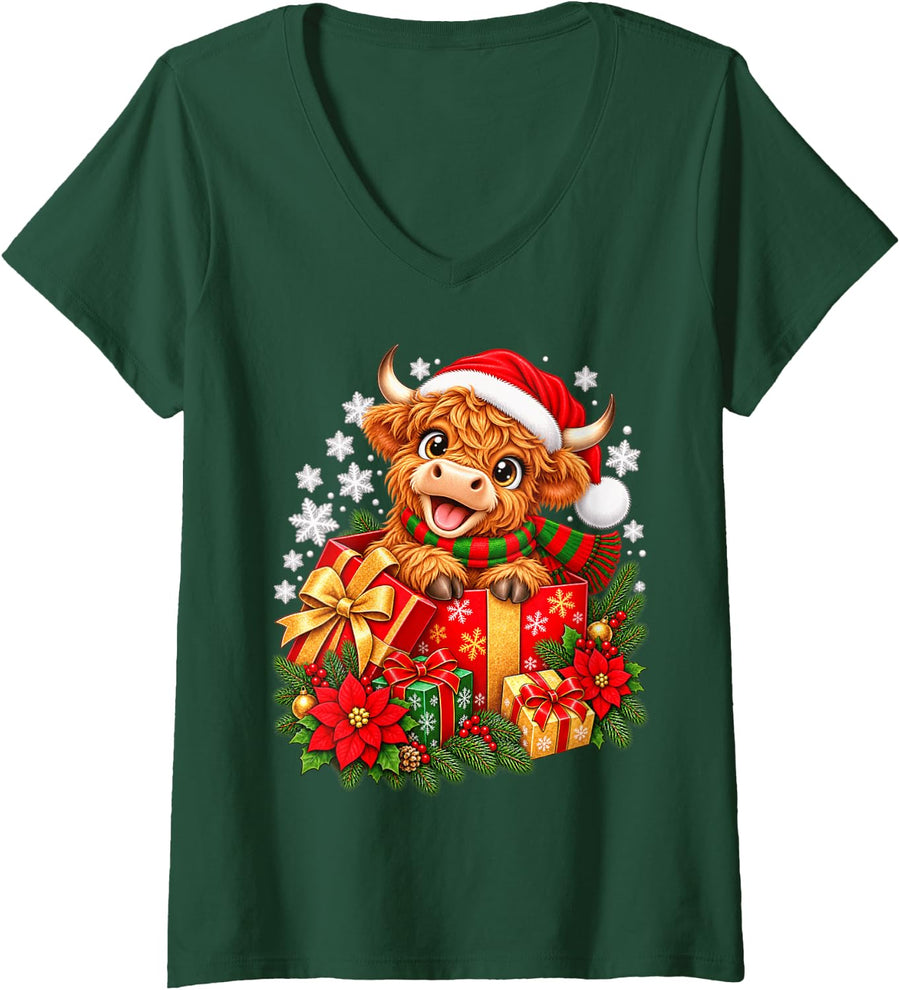 Women's Cute Christmas Hedgehog Santa Hat Winter Holiday V-Neck T-Shirt - Dark Green