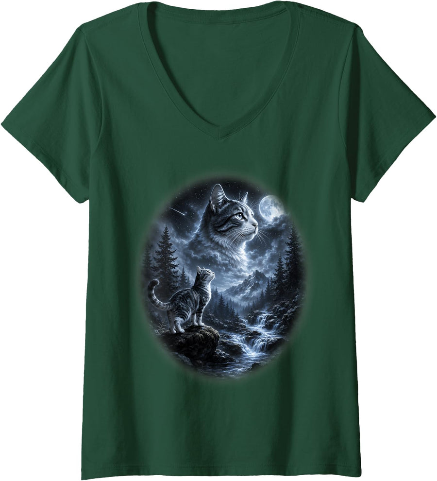 Women's Tabby Cat Full Moon Nature Lover Mountain Halloween V-Neck T-Shirt - Dark Green