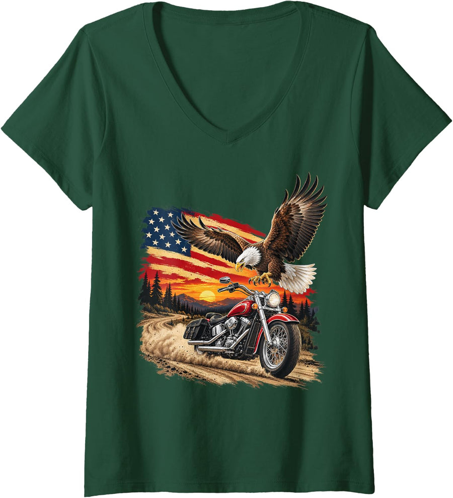 Women's Bald Eagle Motorcycle American Flag Mountain V-Neck T-Shirt - Dark Green
