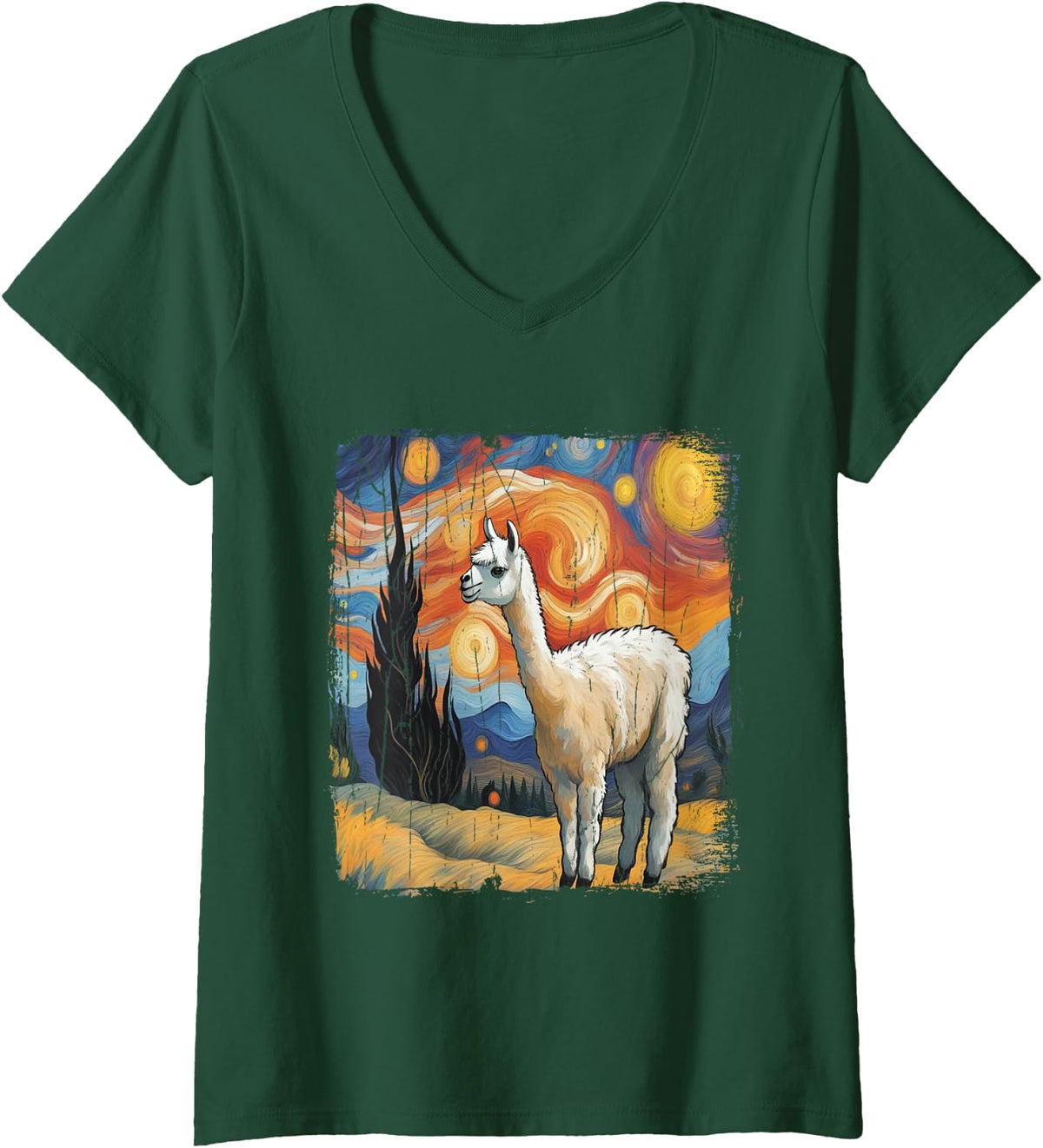 Women's Starry Night Art Llama Artwork Cotopaxi National Park V-Neck T-Shirt - Dark Green