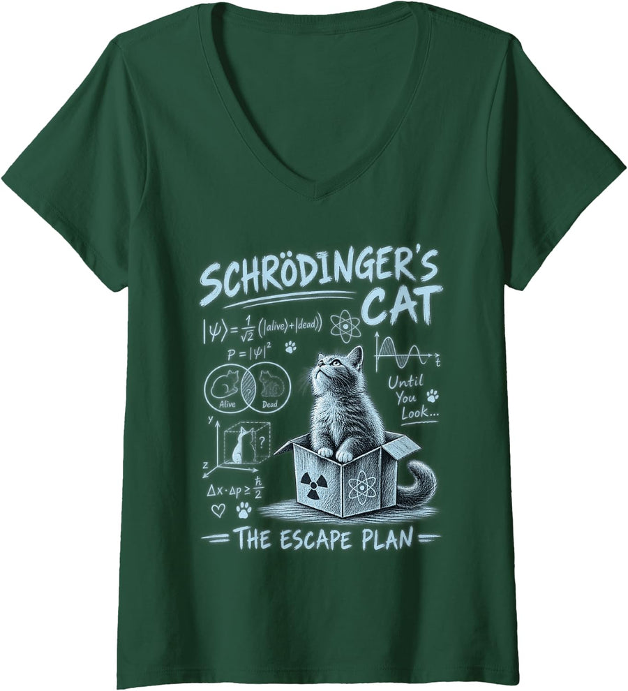 Women's Schrodinger's Cat Quantum Physics Funny Science Cat V-Neck T-Shirt - Dark Green