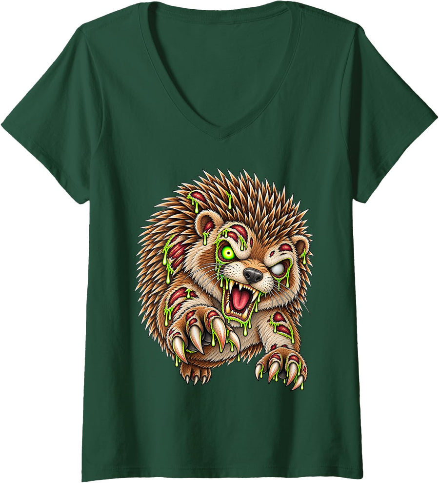 Women's Zombie Hedgehog Halloween Creepy Animal Themed V-Neck T-Shirt - Dark Green