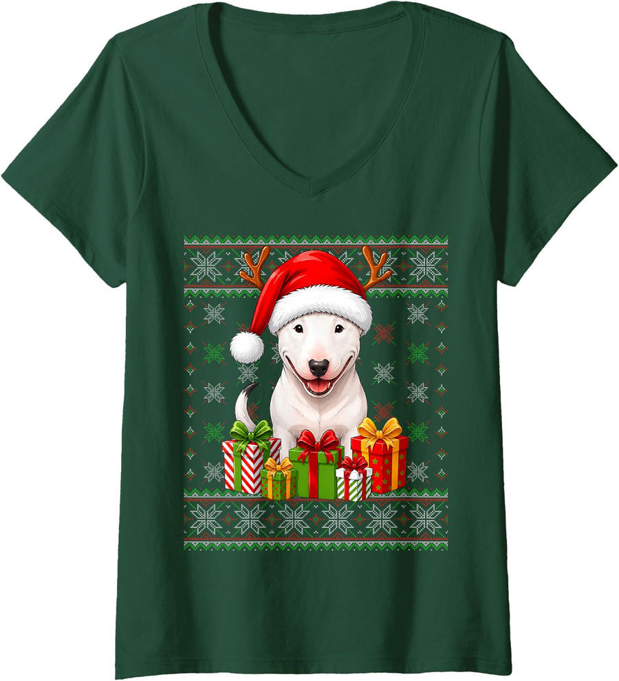 Women's Bull Terrier Dog Christmas Ugly Sweaters Festive Pet Xmas V-Neck T-Shirt - Dark Green