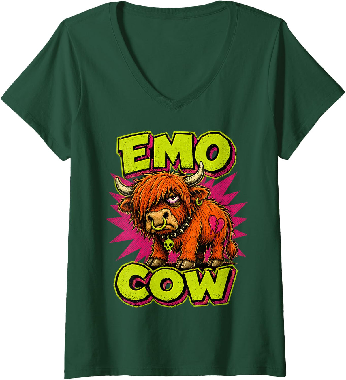 Women's Emo Cow Funny Highland Cow 90s Lowbrow Cartoon V-Neck T-Shirt - Dark Green