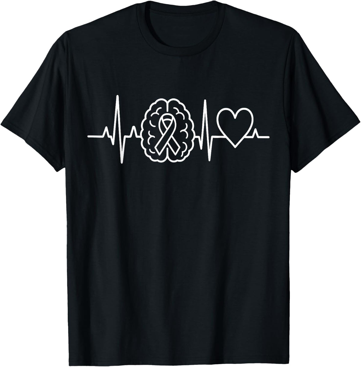 Brain Cancer Awareness Ribbon Heartbeat EKG Pulse T-Shirt - Black