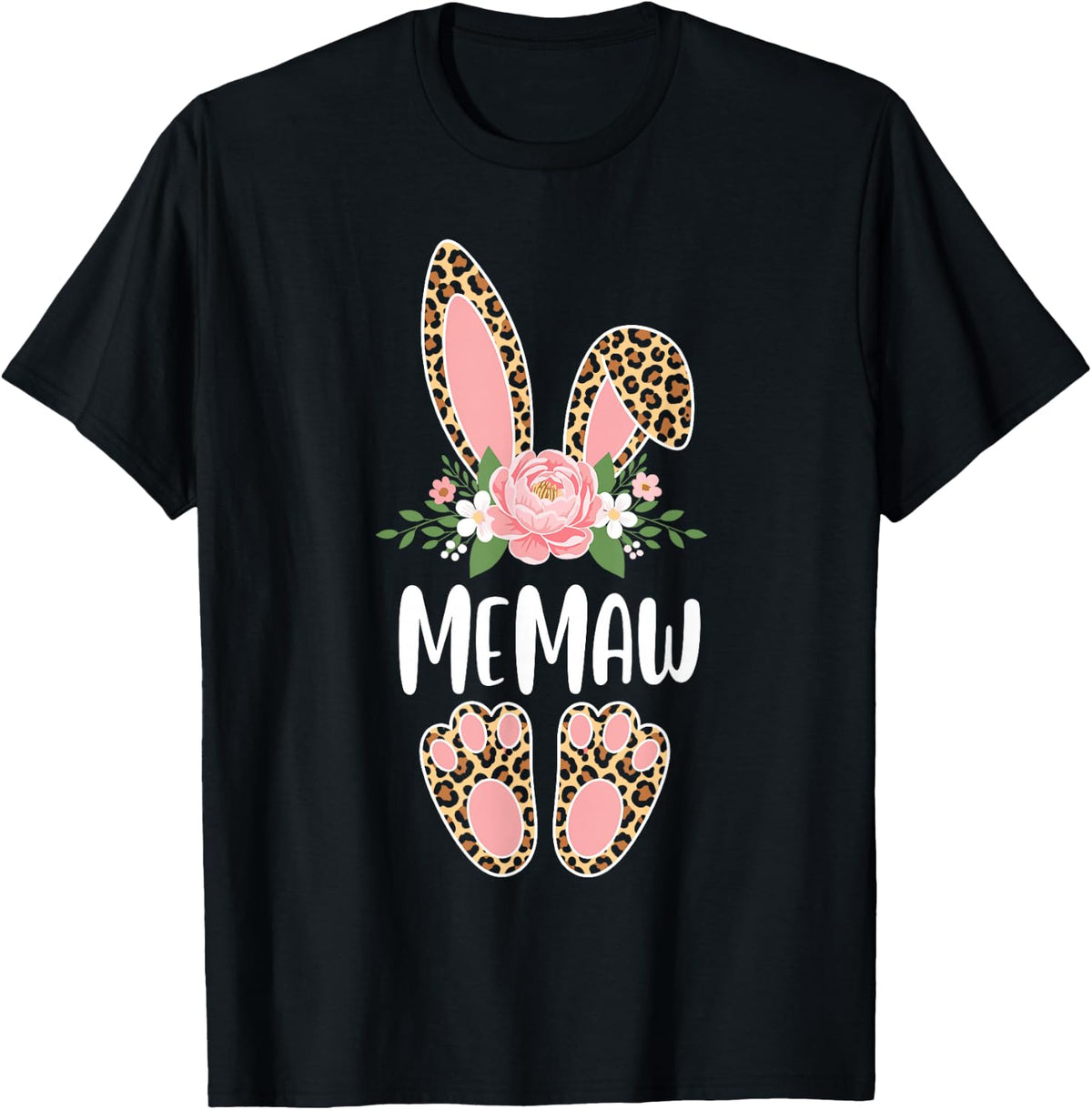 Floral Leopard Memaw Bunny Happy Easter Spring T-Shirt - Black