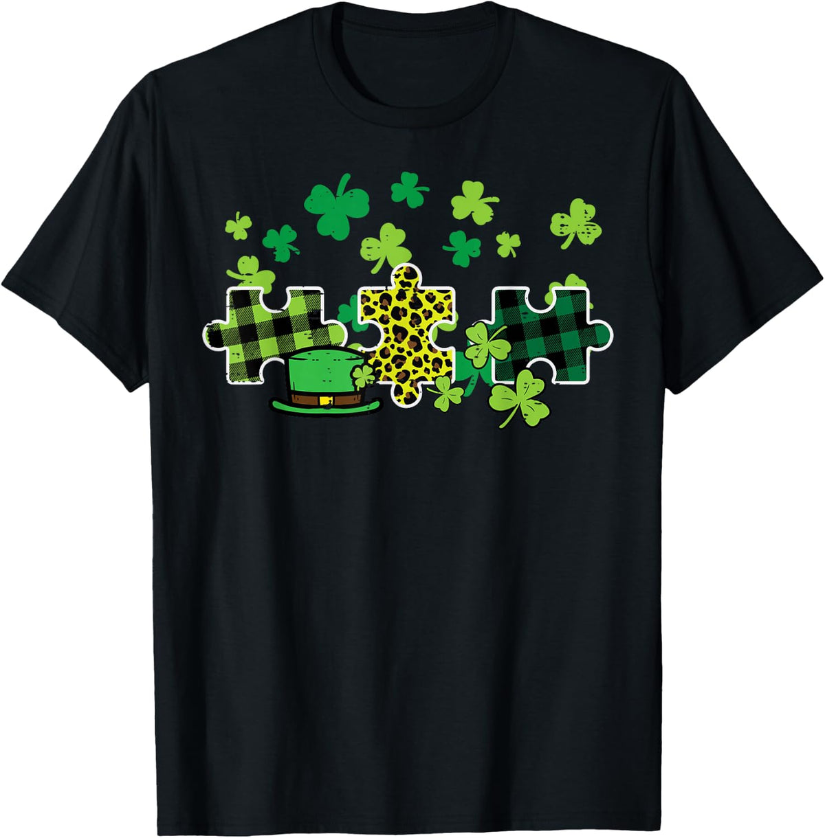 St Patricks Day Autism Puzzle Saint Pattys Men Women Kids T-Shirt - Black