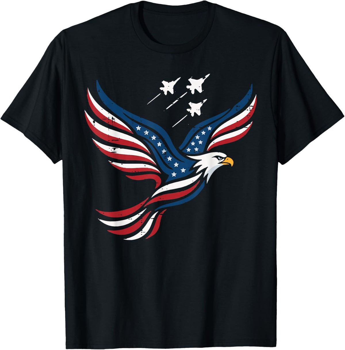 4th of July USA Flag Eagle Jets Patriotic Men Women Kids T-Shirt - Black