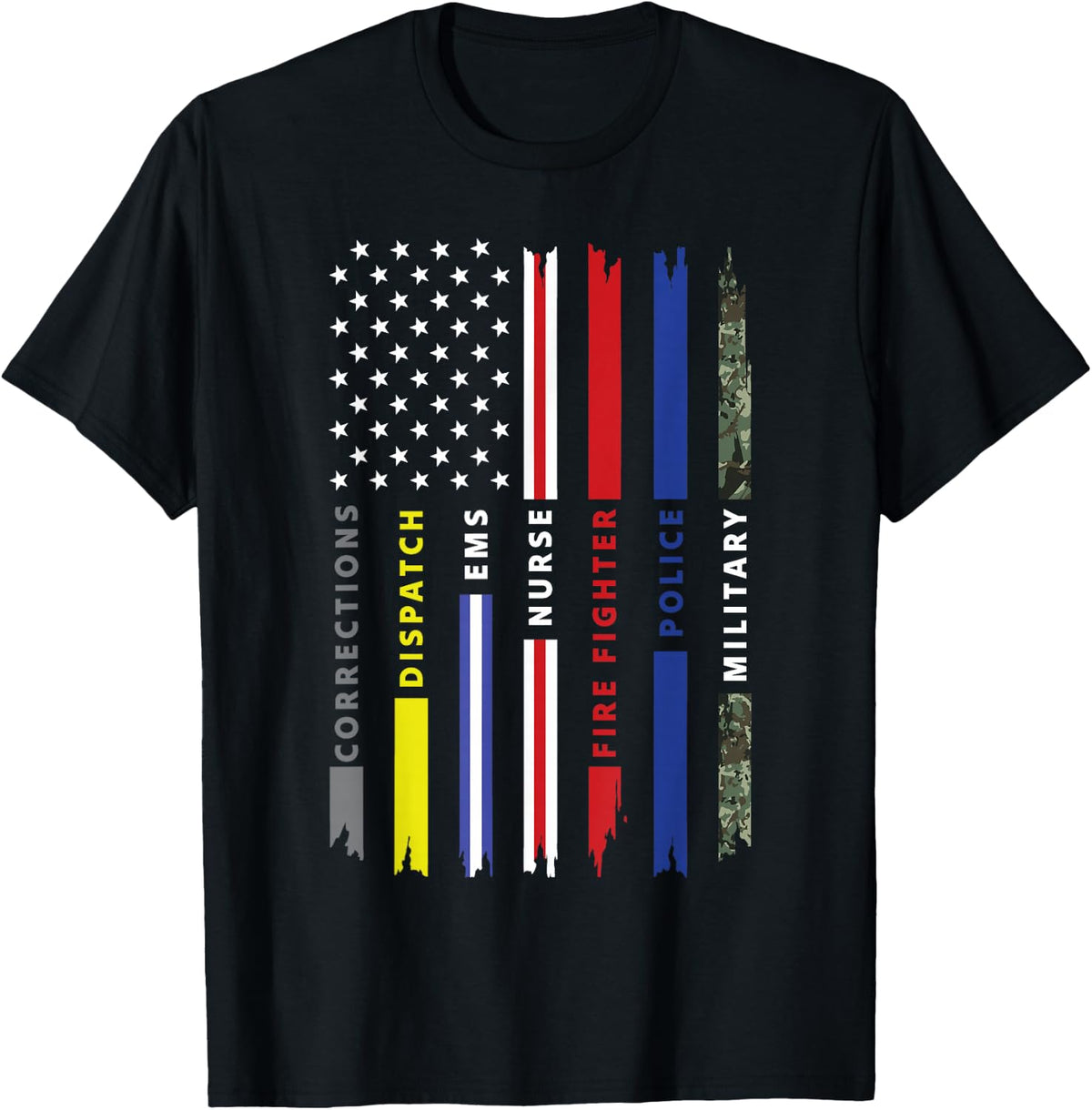 First Responder Hero Flag Nurse EMS Police Design T-Shirt - Black