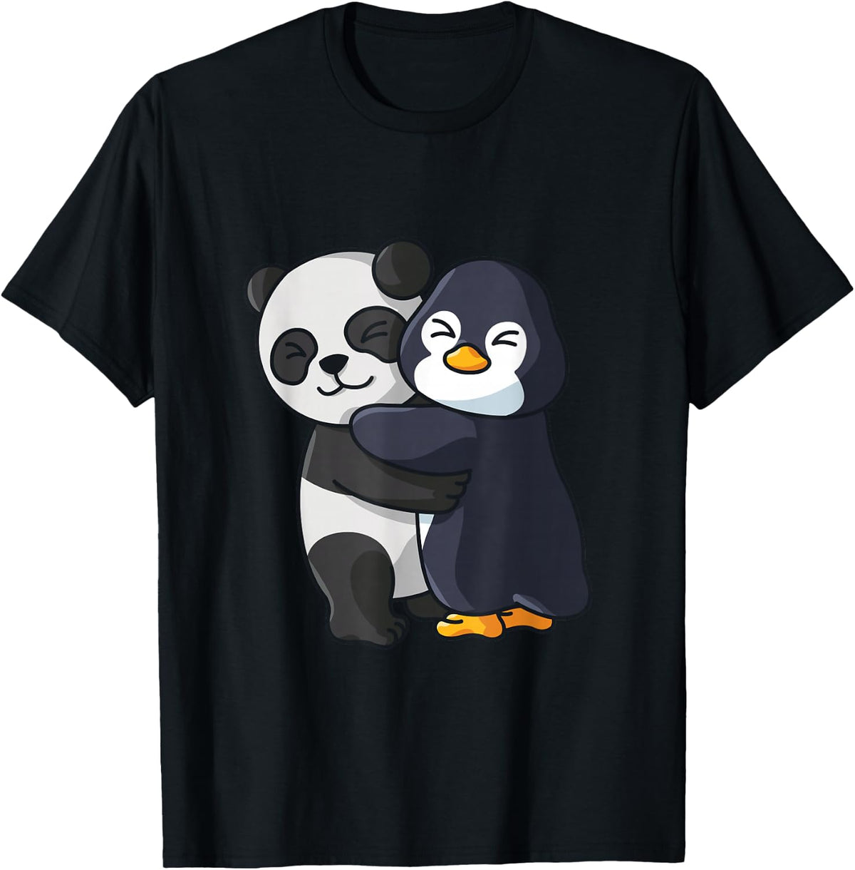 Panda and Penguin Cute Animal Lover Hugging Women Girls T-Shirt - Black