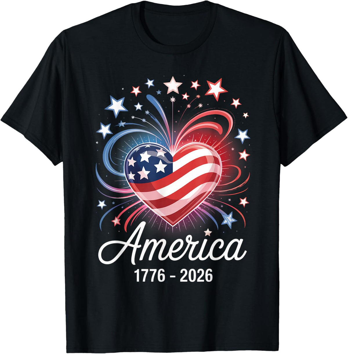 Flag Heart 1776 2026 July 4th 250th Birthday T-Shirt - Black