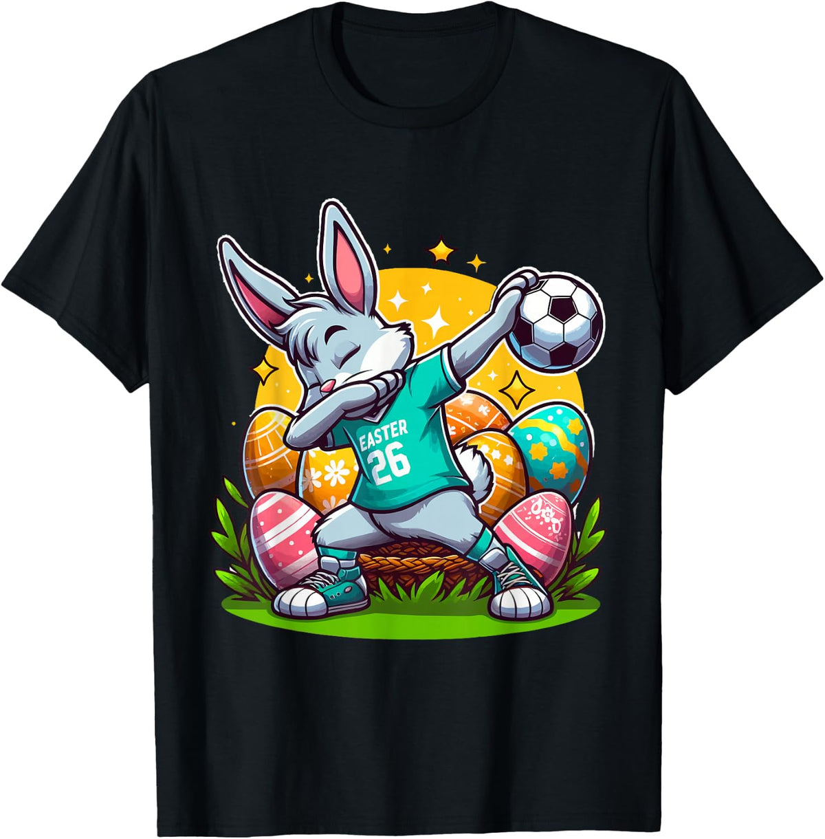 Easter Bunny player dabbing with Soccer Ball easter day kids T-Shirt - Black