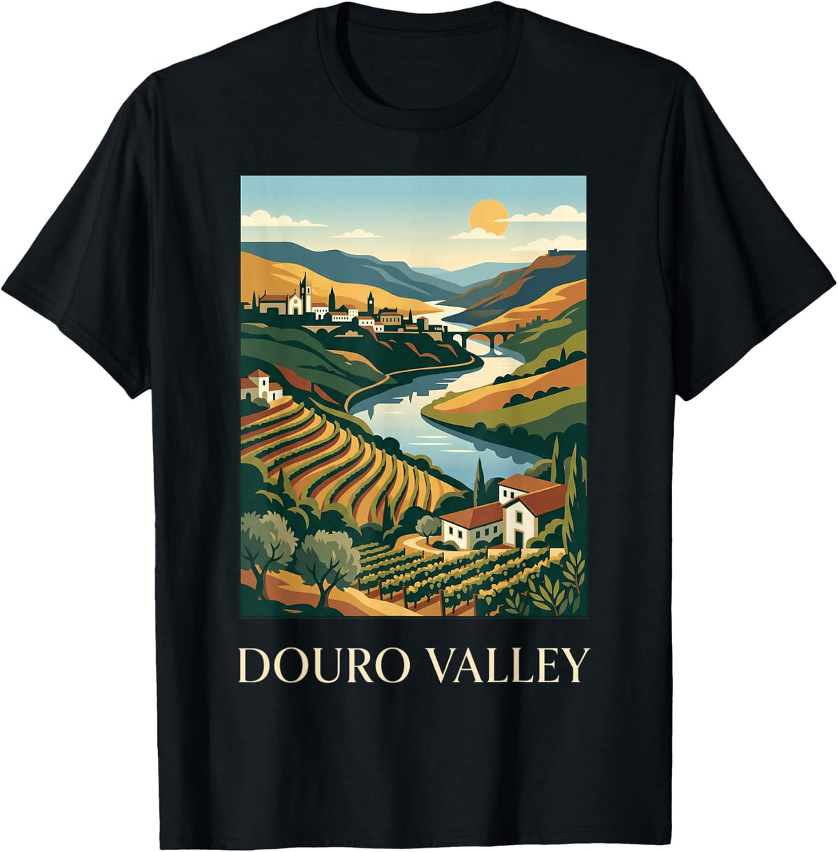 Douro Valley Portugal River Vineyard Design T-Shirt - Black