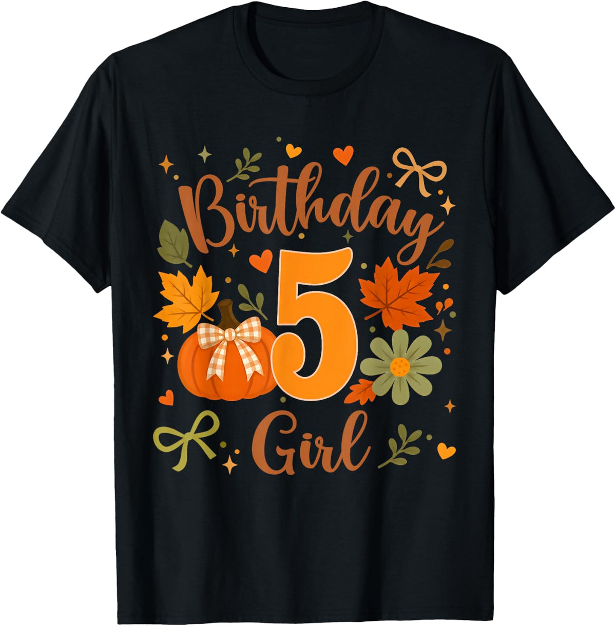 Cute 5th Birthday Girl 5 Year Old Pumpkin Bow Autumn Party T-Shirt - Black
