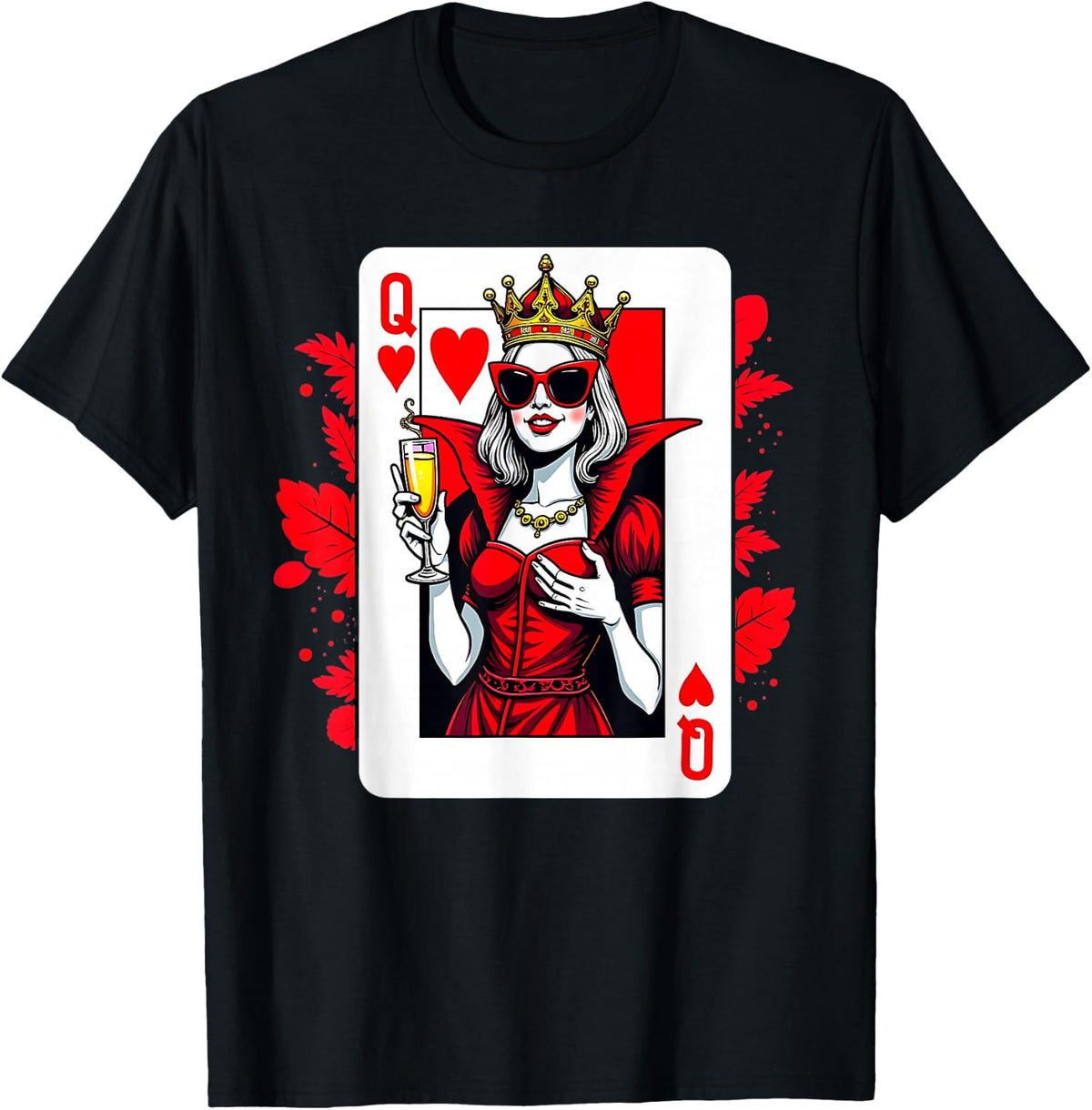 Queen of Hearts Champagne Lover Womens Ladys Valentines Day T-Shirt - Black