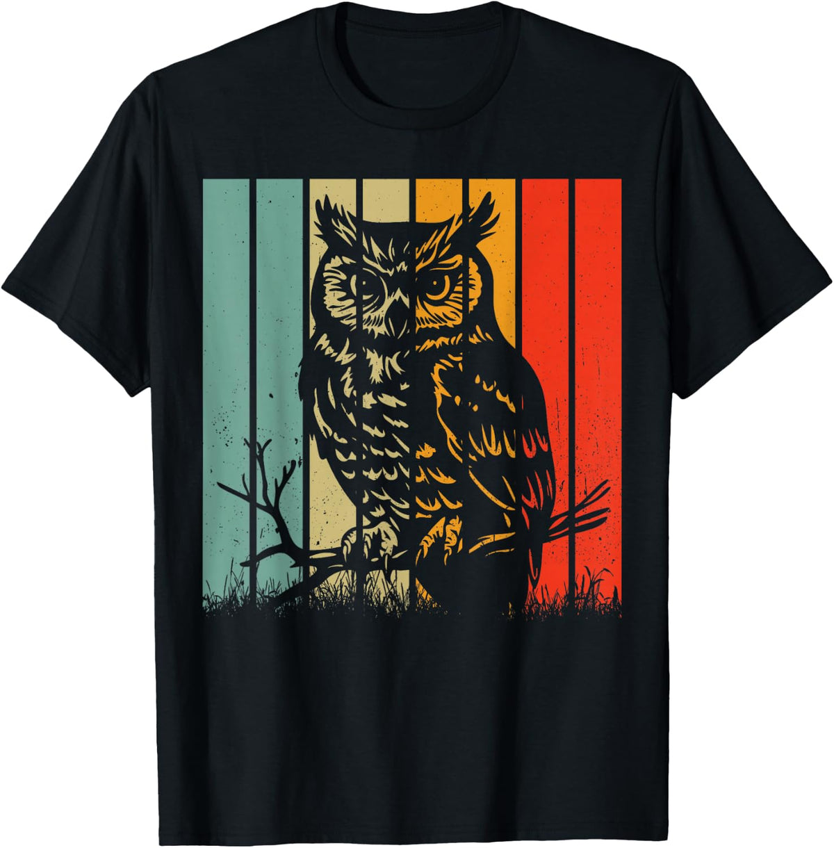 Funny Owl Perched On A Branch Vintage Animal Lover T-Shirt - Black
