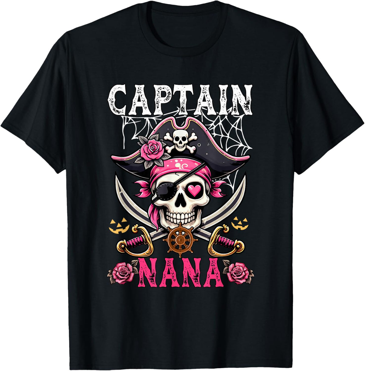 Captain Nana Halloween Skull As Pirate Floral Cute Women T-Shirt - Black