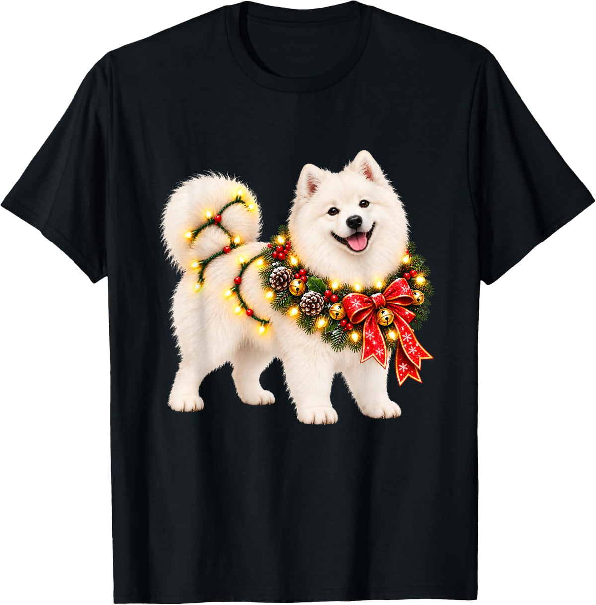 Samoyed Christmas Wreath Decoration Xmas Pajamas T-Shirt - Black