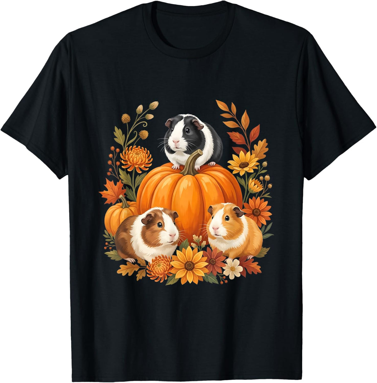 Guinea Pigs Thanksgiving Pumpkins Fall Flowers T-Shirt - Black