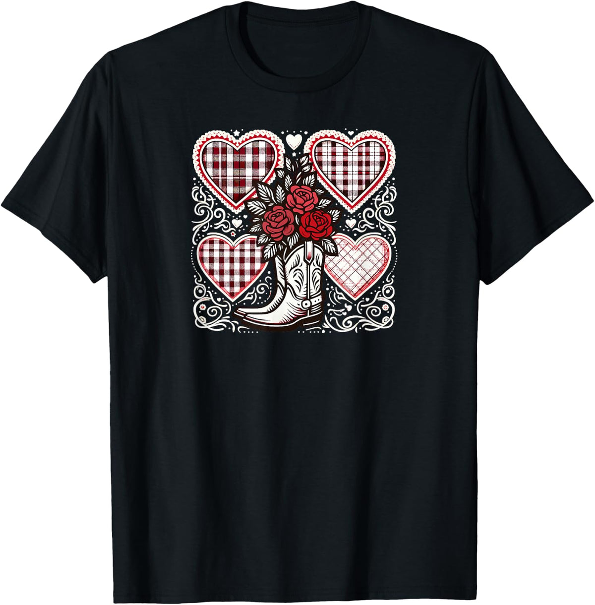Hearts Roses and Cowboy Boot Country Valentine's Day T-Shirt - Black