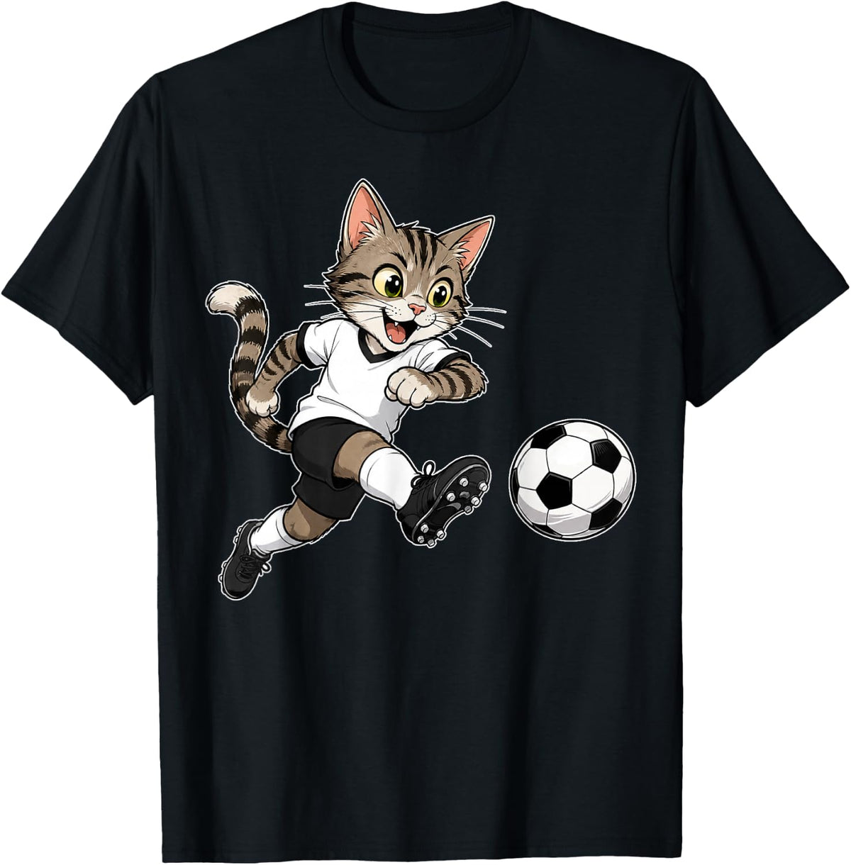 Cat Soccer Funny Graphic T-Shirt - Black