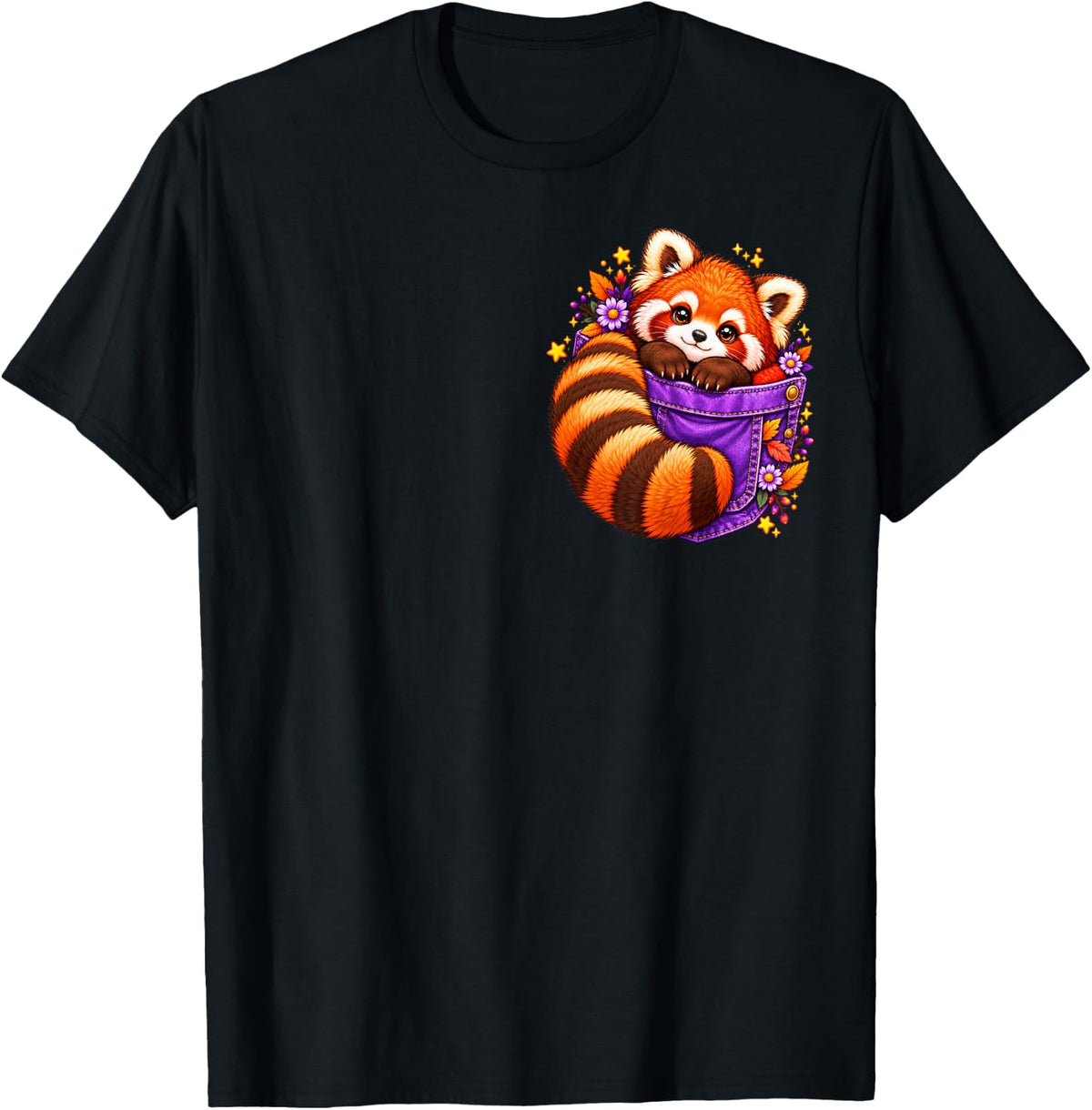 Fluffy Red Panda Cub Animal in Pocket Illustration T-Shirt - Black