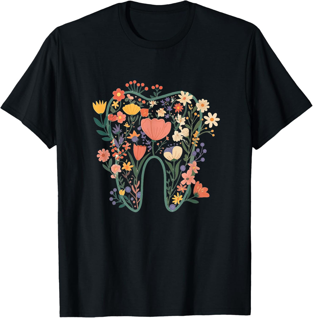 Floral Tooth Boho Flower Dental Student Dental Assistant T-Shirt - Black