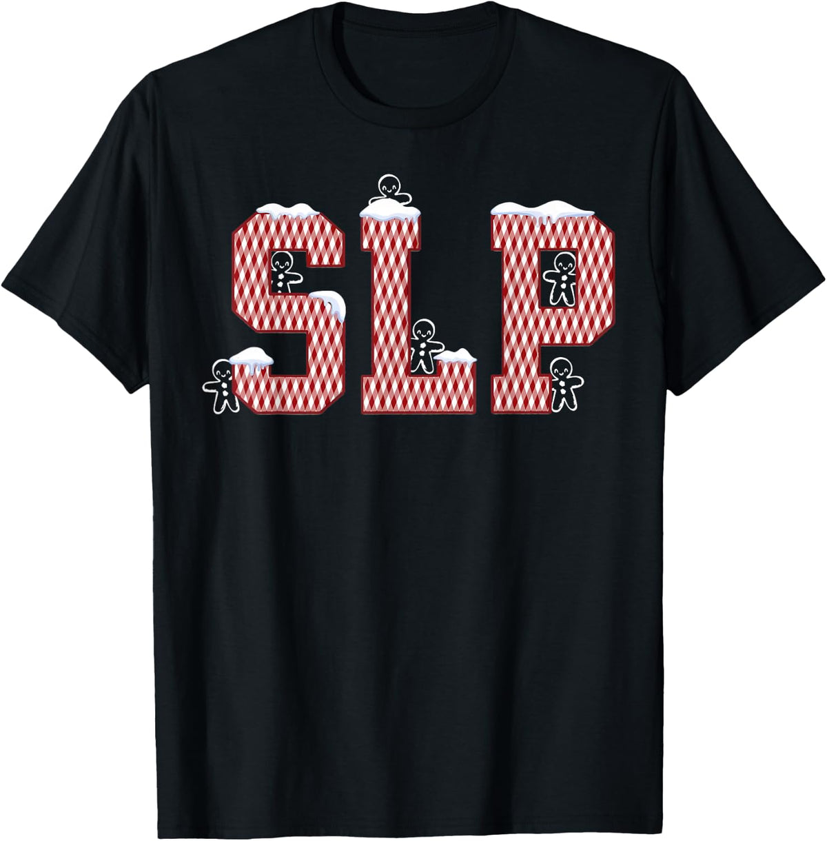 Checkered Gingerbread SLP Speech Language Pathologist Xmas T-Shirt - Black