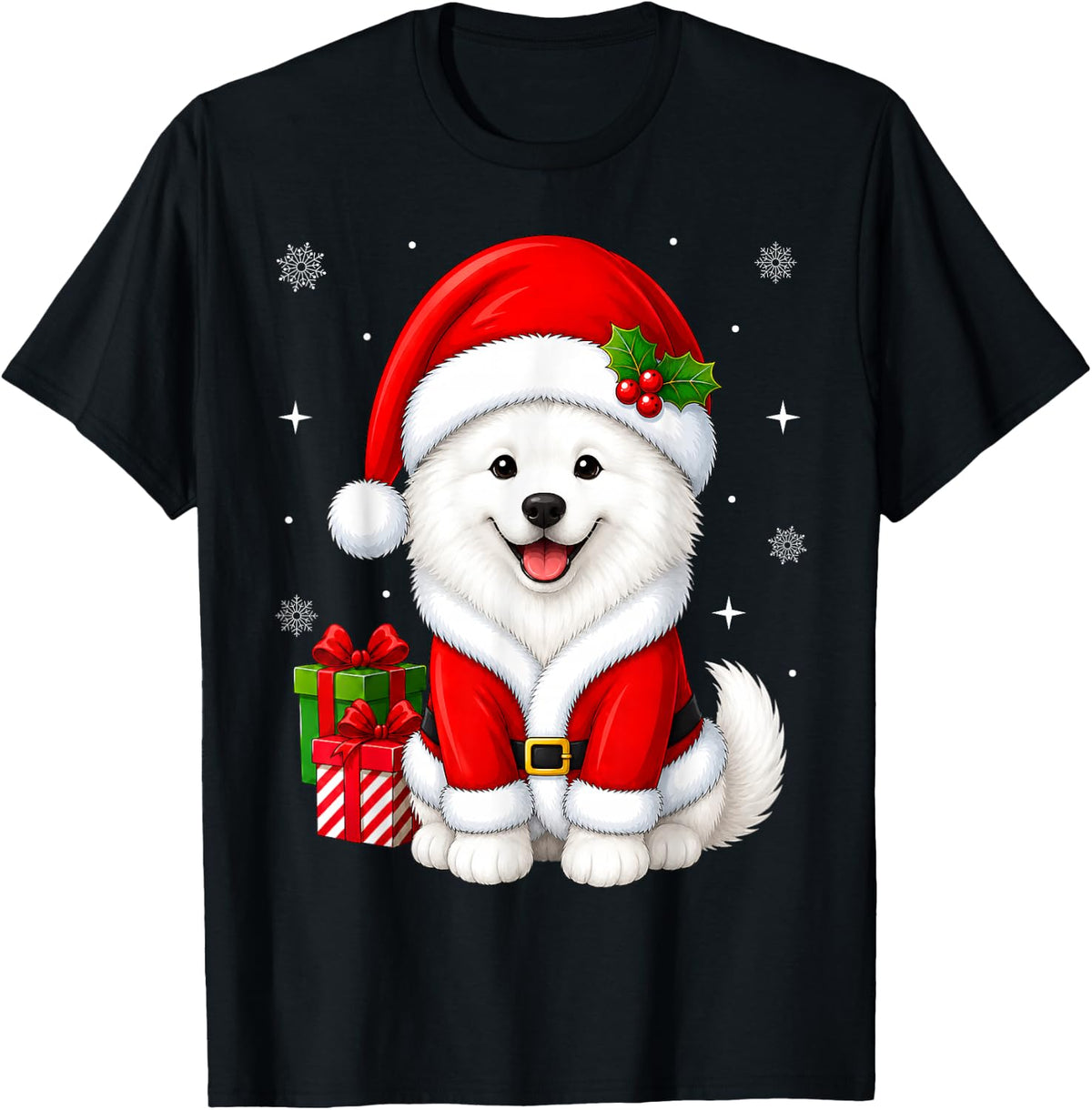 Samoyed Dog in Christmas Santa Costume Cute Festive Xmas T-Shirt - Black