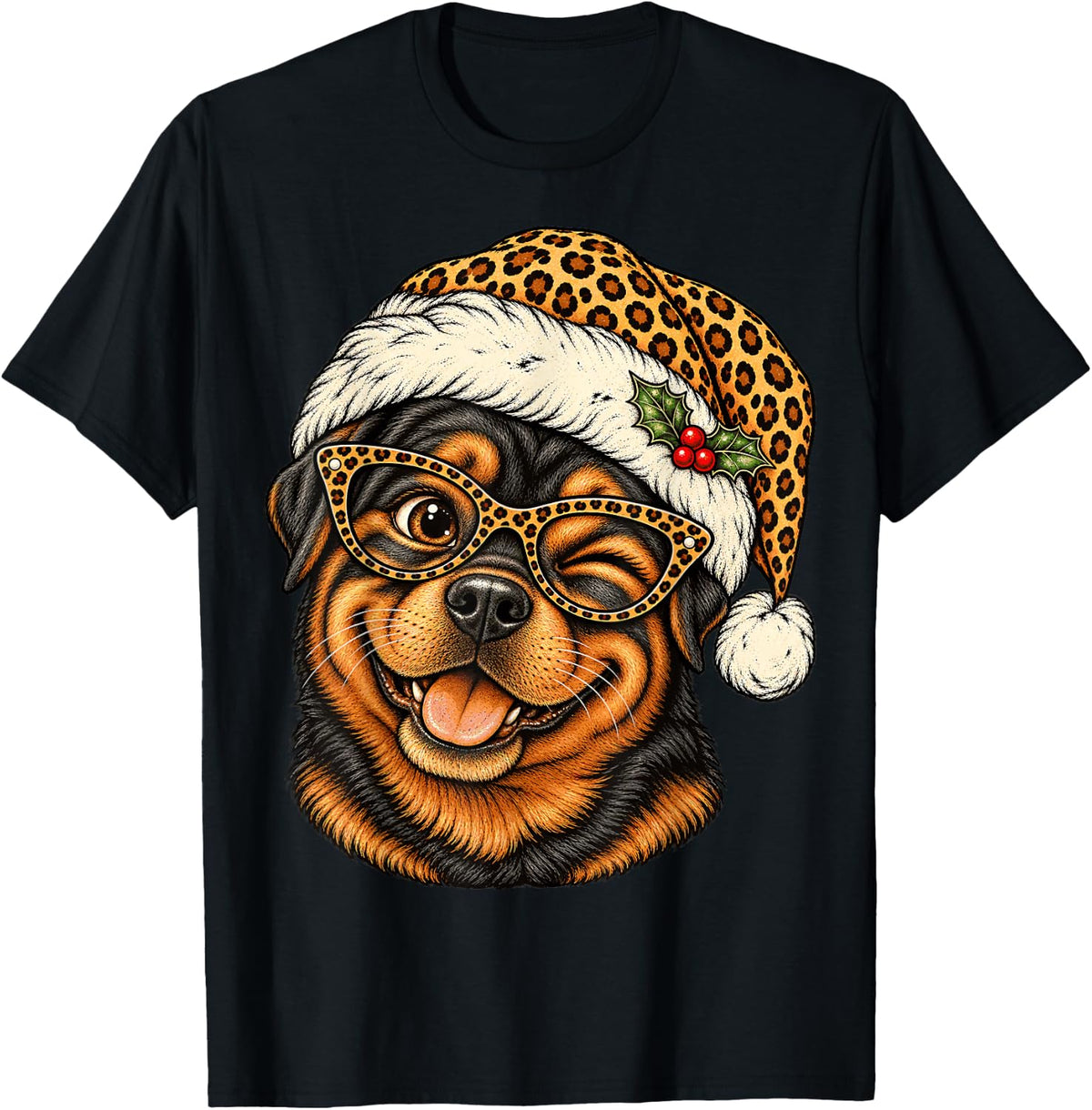 Funny Christmas Rottweiler with Leopard Santa Hat Cute Xmas T-Shirt - Black