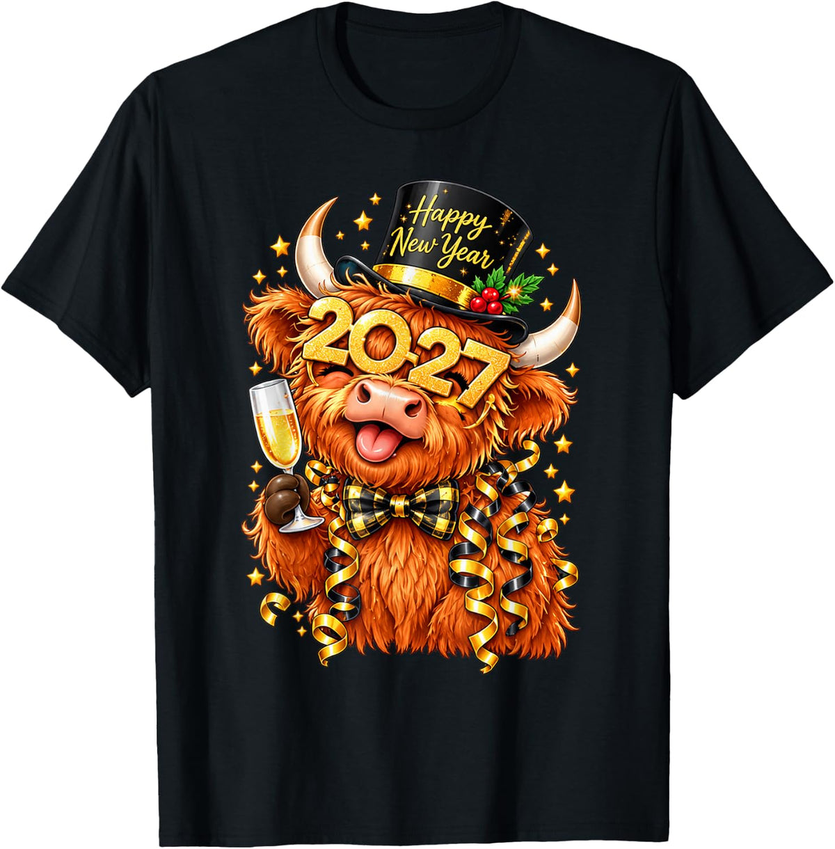 Happy New Year 2027 Shirt Highland Cow Champagne Party T-Shirt - Black