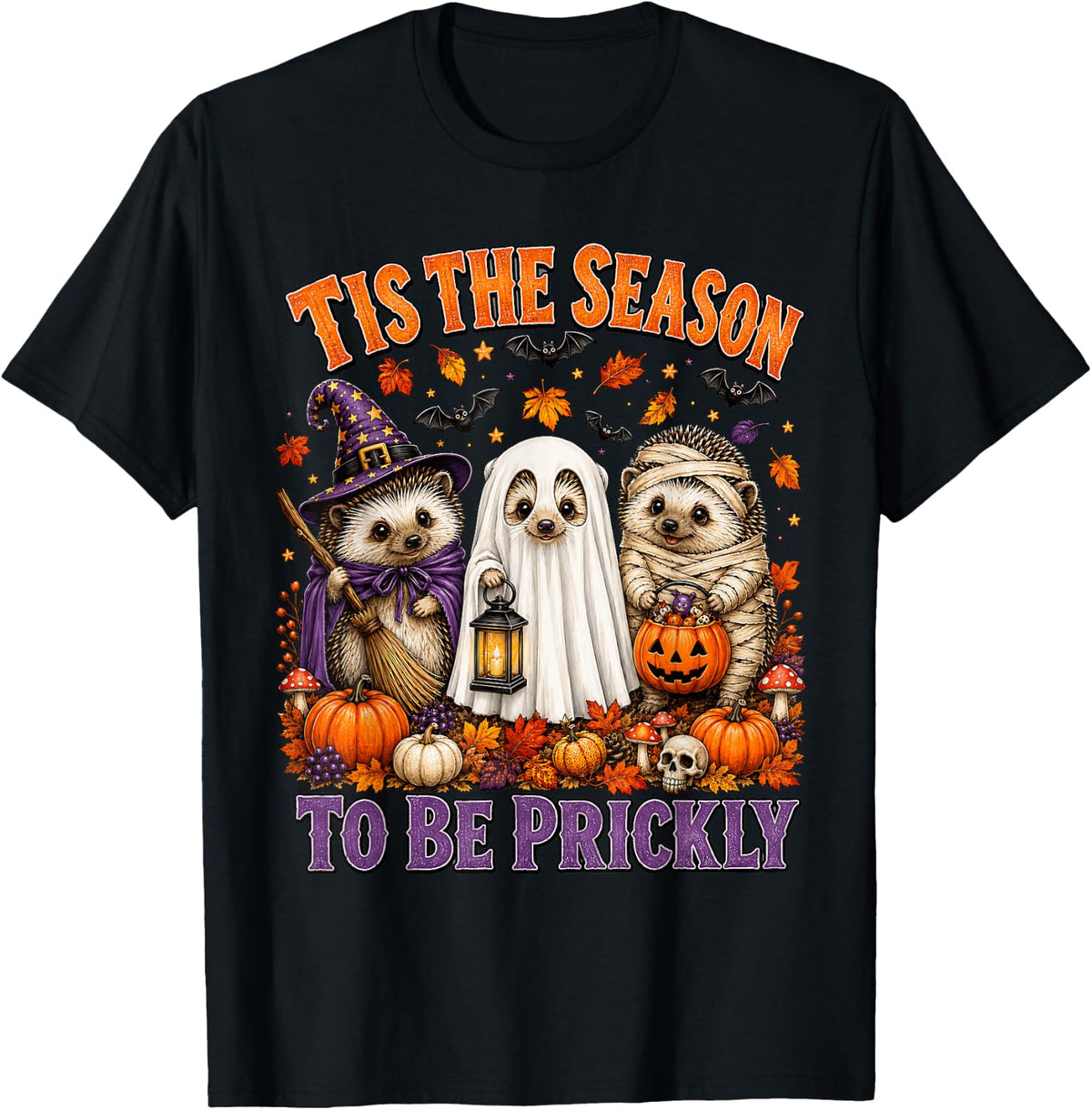 Cute Hedgehog Halloween Witch Ghost Mummy Hedgehog Lovers T-Shirt - Black