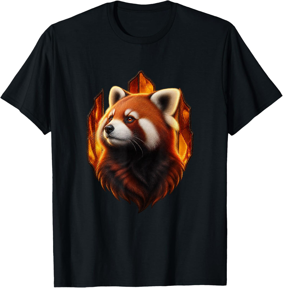 Red Panda with Amber Cathedral Glass Forest Art T-Shirt - Black