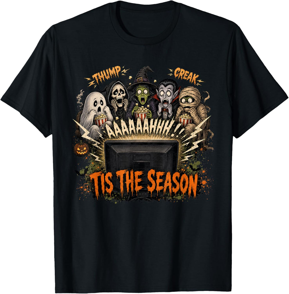 Funny Monsters Watching Scary Movie Halloween Meme T-Shirt - Black