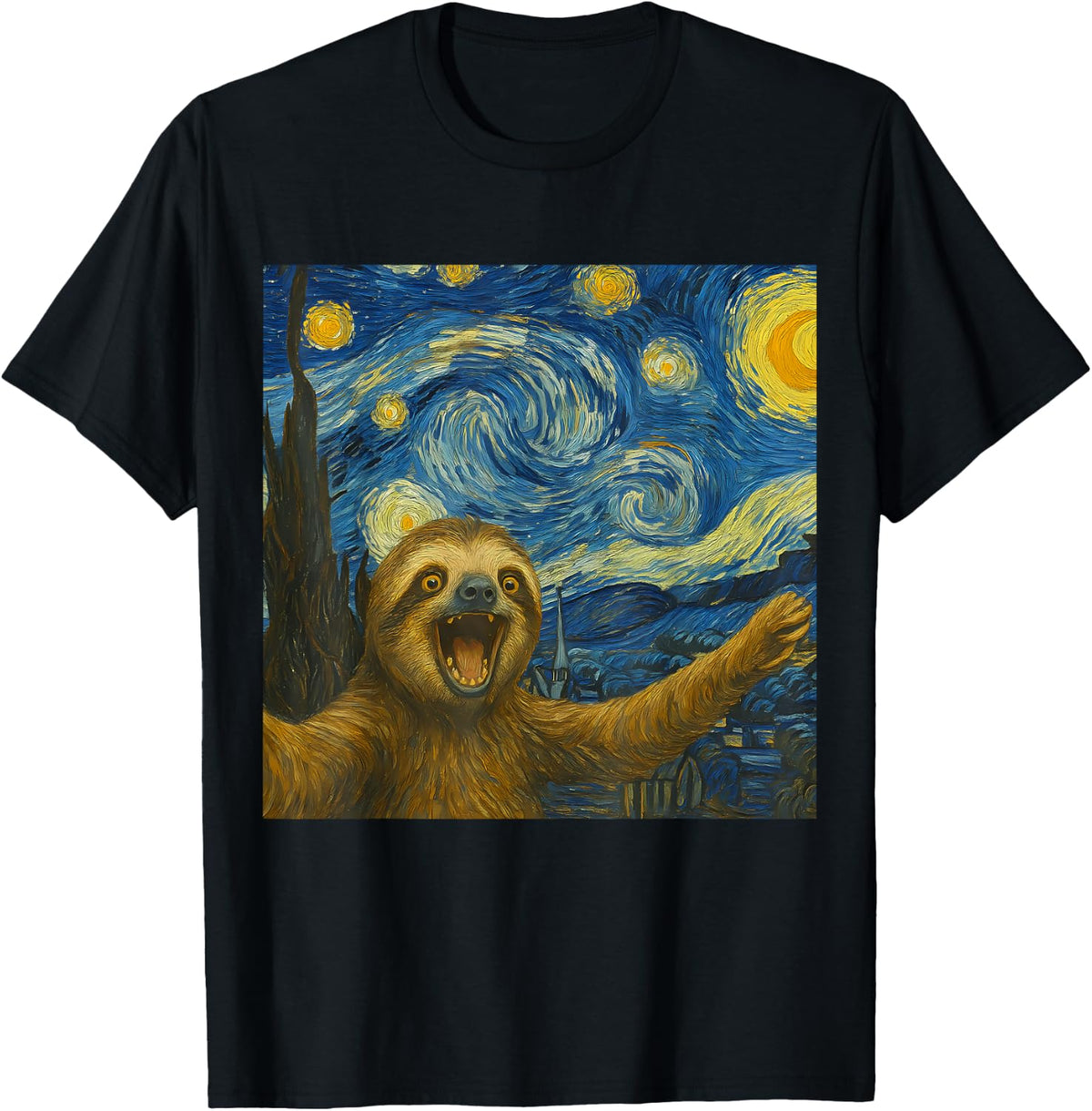 Sloth Selfie Inside Van Gogh's Starry Night Art Lover T-Shirt - Black