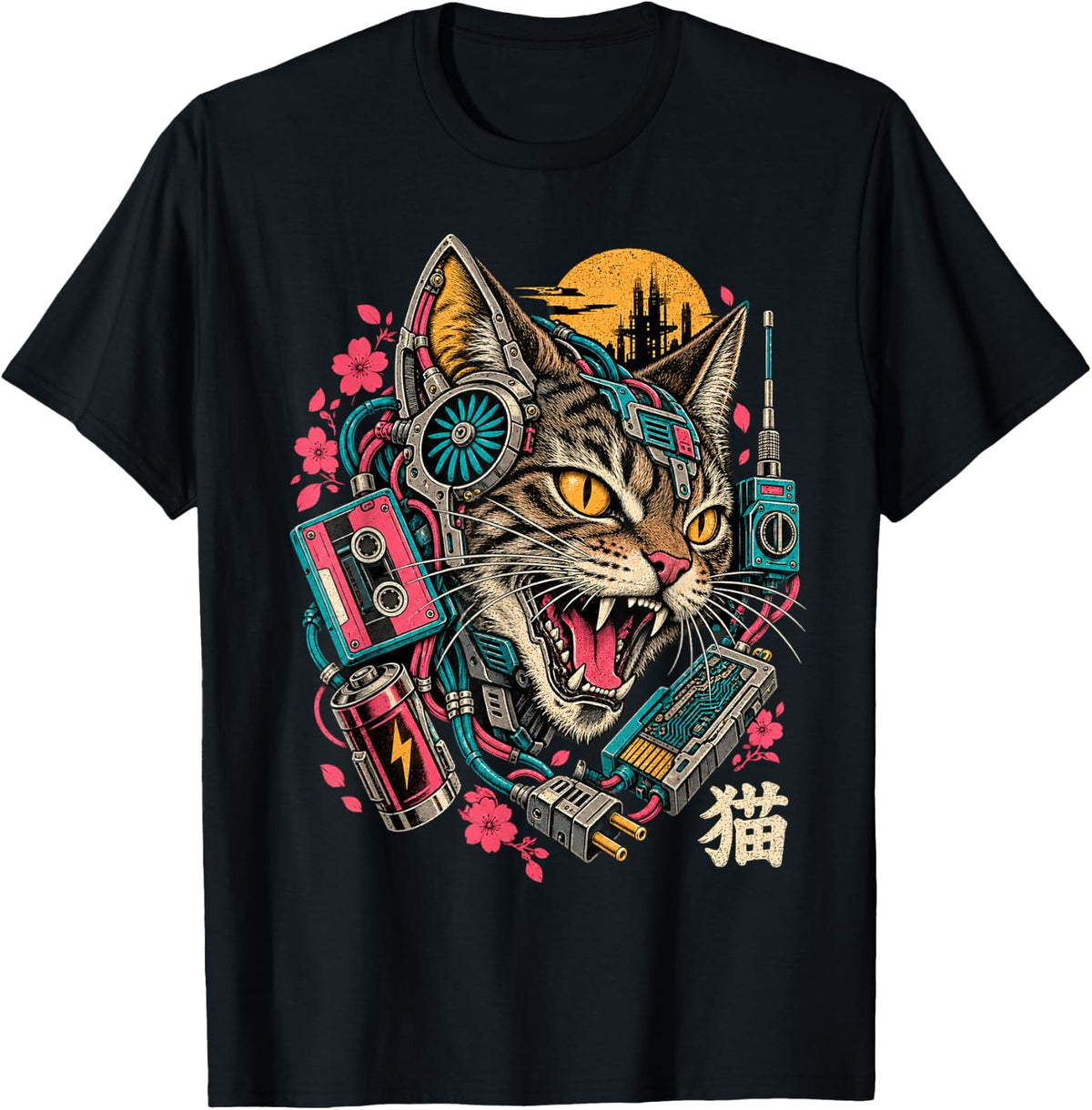 Cyberpunk Tabby Cat Mechanical Japanese Feline Art T-Shirt - Black
