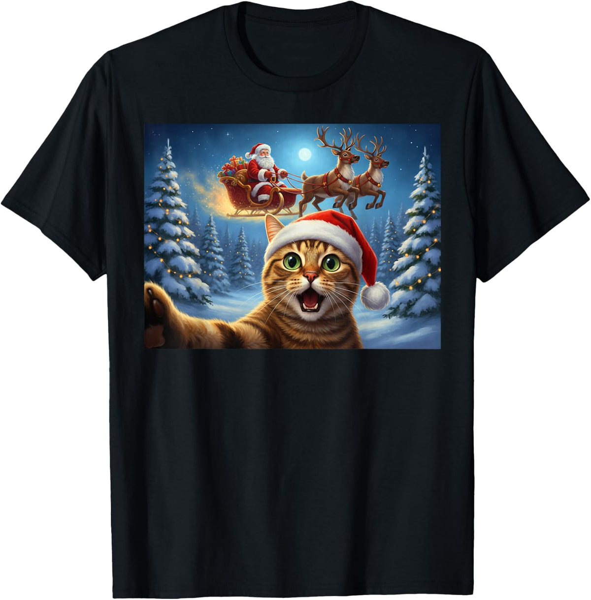 Cat Selfie Santa Claus Sleigh Reindeer Christmas Xmas Eve T-Shirt - Black