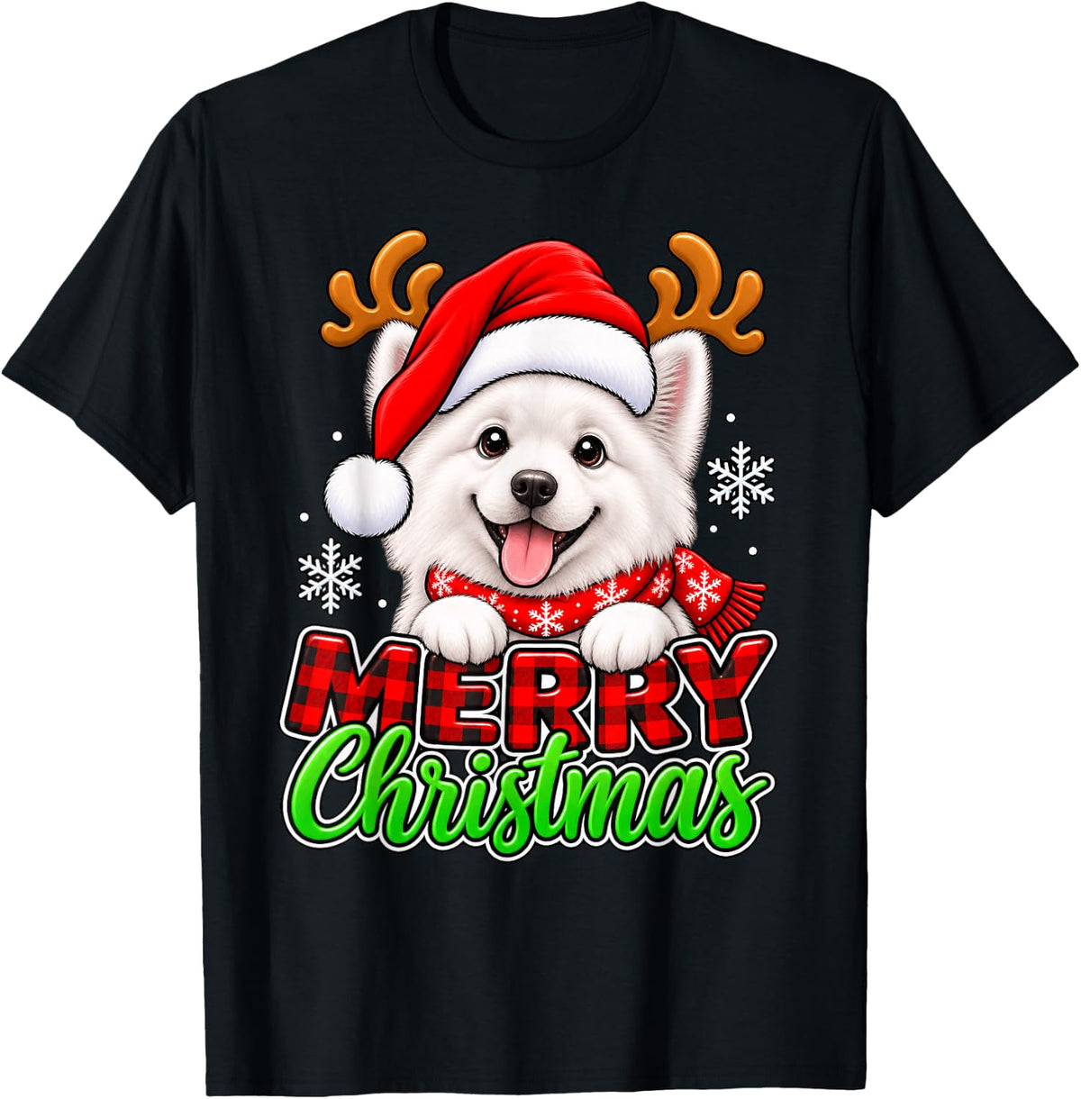 Funny Samoyed Merry Christmas Santa Reindeer Dog T-Shirt - Black