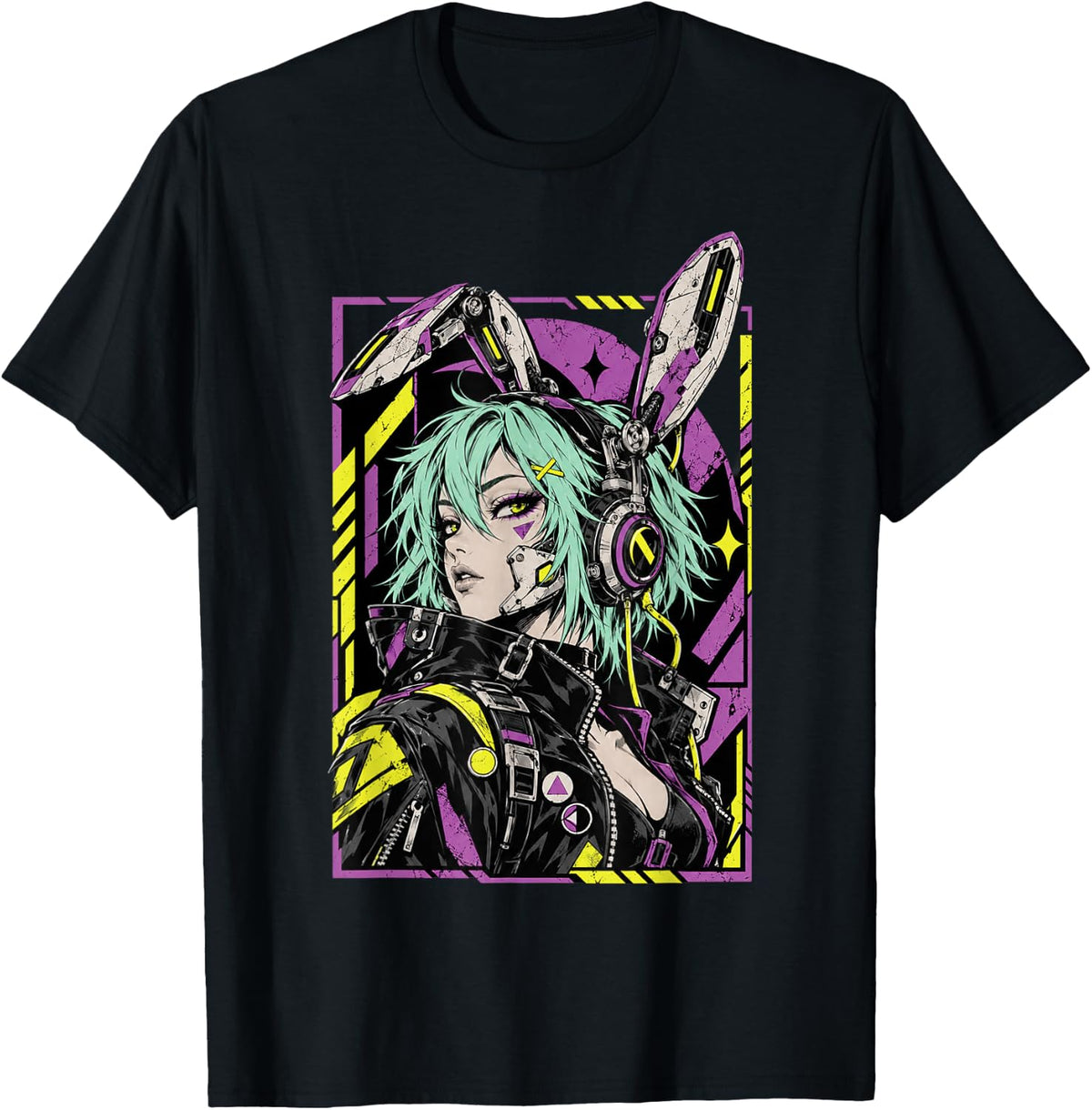 Cyberpunk Bunny Headphones Woman Futuristic Manga Art T-Shirt - Black