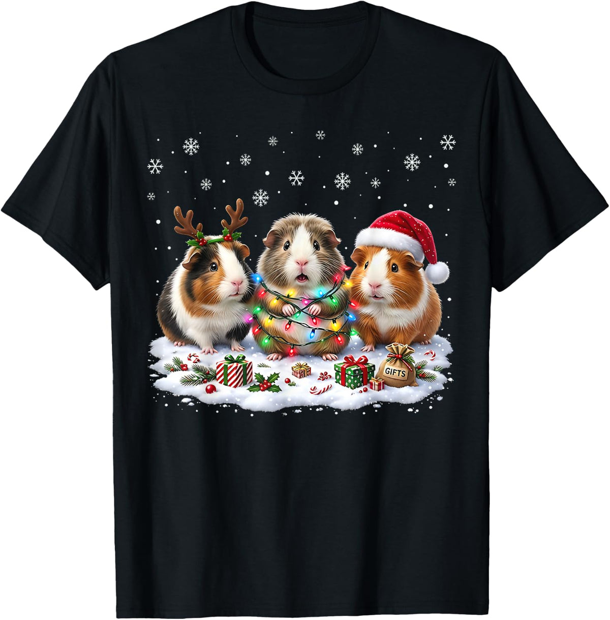 Cute Christmas Lights Guinea Pig Xmas Funny Santa Guinea Pig T-Shirt - Black