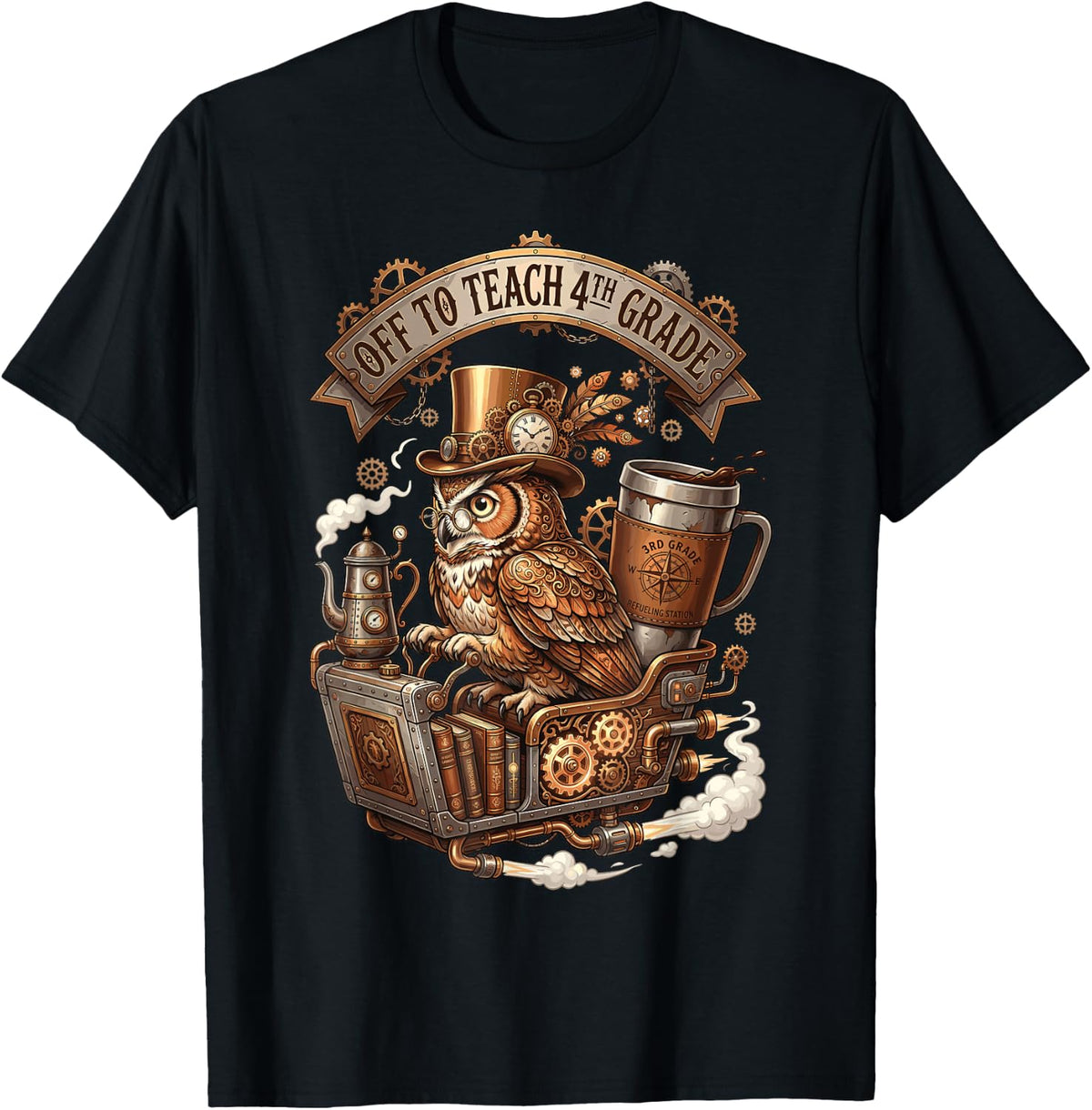 Off to Teach 4th Grade Teacher Steampunk Owl Mechanic Train T-Shirt - Black