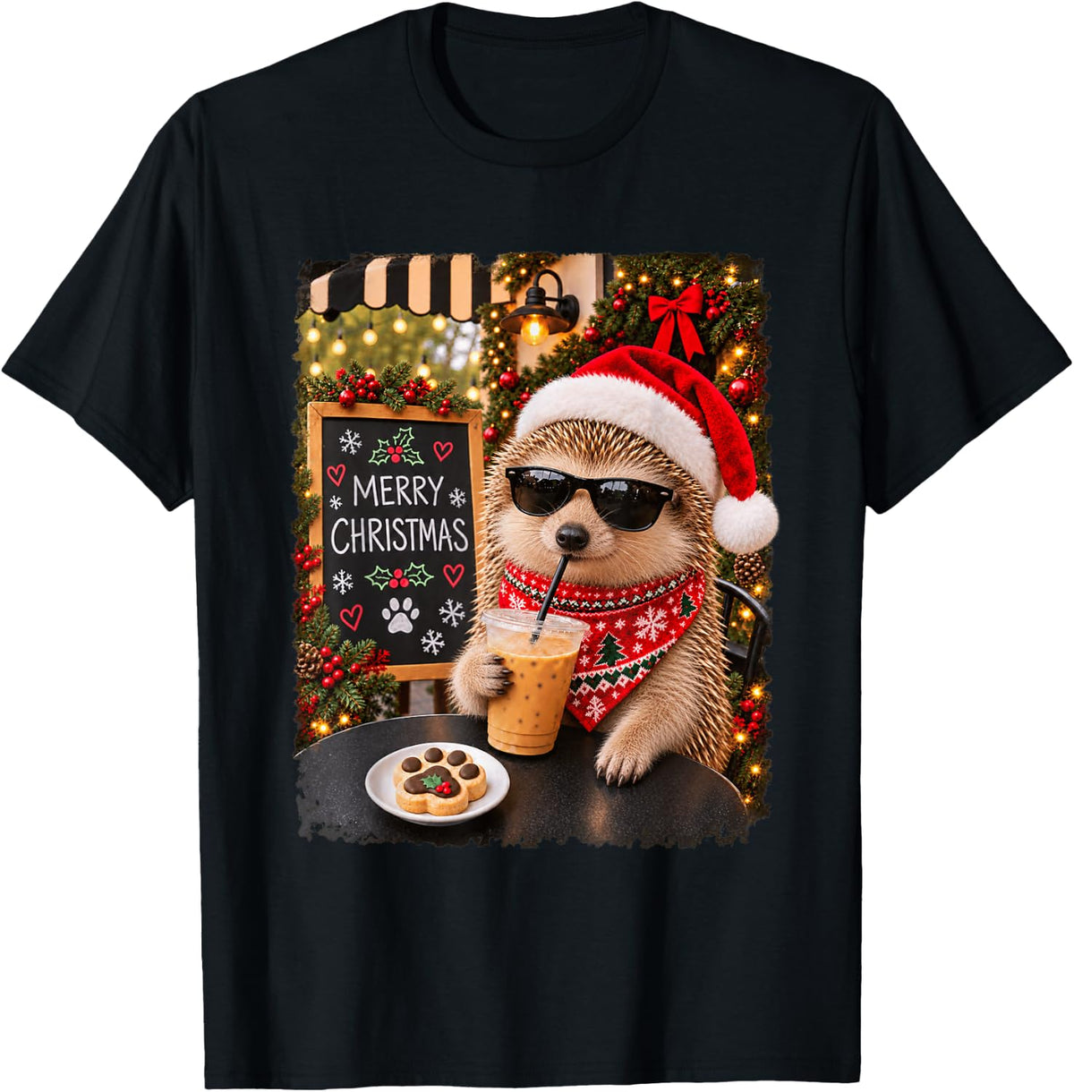 Merry Christmas Chill Hedgehog Coffee Santa Hat Holiday T-Shirt - Black